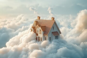  Dreamlike house floating among soft clouds, representing fantasy, imagination, and surreal peacefulness.