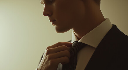 a businessman adjusting his tie