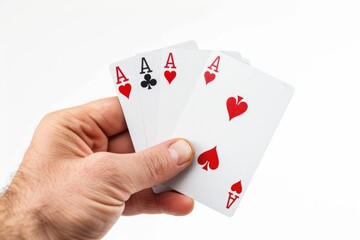 A person holds four cards with the same rank, suitable for poker or other card games