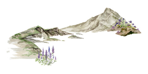 Scenery landscape of alpine vista, meadow grass moorland rock cliffs crags with grass and flowers, hand drawn in watercolor. Illustration for tourism maps, resort ads, hiking camping sites, vacation.