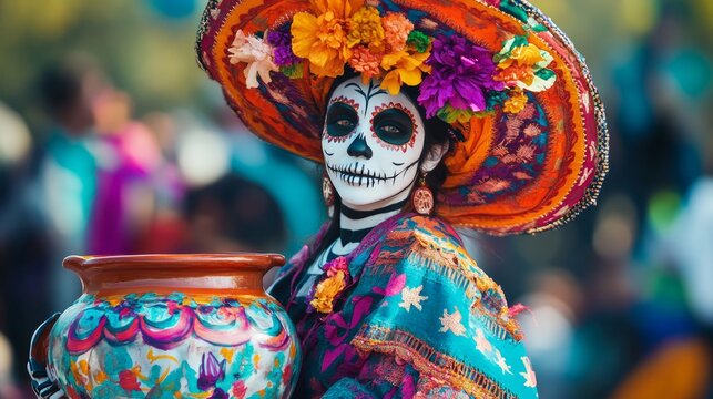 A person in a vibrant catrin costume with skull makeup and a large ceramic pot celebrates mexico's day of the dead