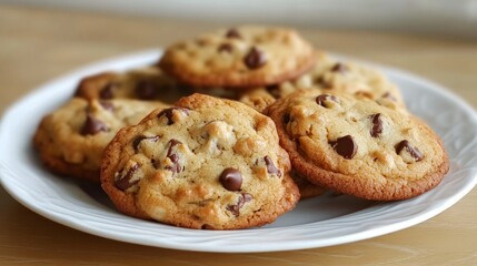Fototapeta premium A plate of freshly baked cookies, golden brown and delicious, with a mix of chocolate chips and nuts, ready to enjoy