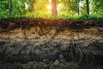 Obraz premium Cross-section of soil revealing roots beneath lush forest, symbolizing complexity of ecosystems and connection between soil and plant life.