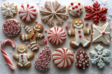  Colorful Christmas cookies shaped like gingerbread men, snowflakes, and candy canes, capturing holiday spirit and festive cheer.