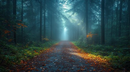 Fototapeta premium Serene Forest Pathway with Fog and Autumn Leaves