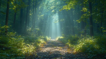 Fototapeta premium Serene Forest Path with Sunbeams Through Trees