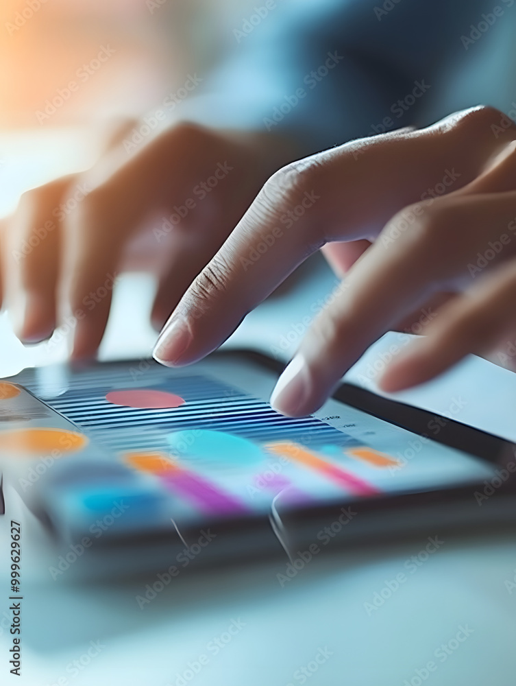 Poster a person's hands interact with a tablet displaying financial graphs, indicating a professional setti