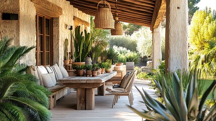 Fototapeta premium A rustic outdoor dining area with a wooden table and benches, surrounded by lush greenery and a stone wall.