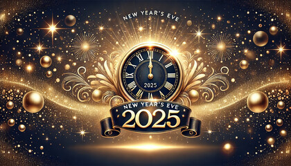 New Year's Eve 2025 Clock with Golden Fireworks and Sparkling Background