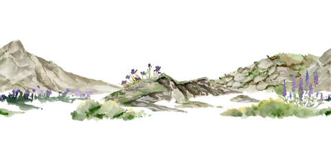 Fototapeta premium Scenery landscape of alpine vista, meadow grass moorland rock cliffs crags with grass and flowers, hand drawn in watercolor. Seamless banner. For tourism, resort ads, hiking camping sites, vacation.