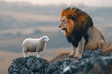  Lion and sheep calmly observe each other atop a rocky cliff, representing peace between predator and prey in an unusual encounter.