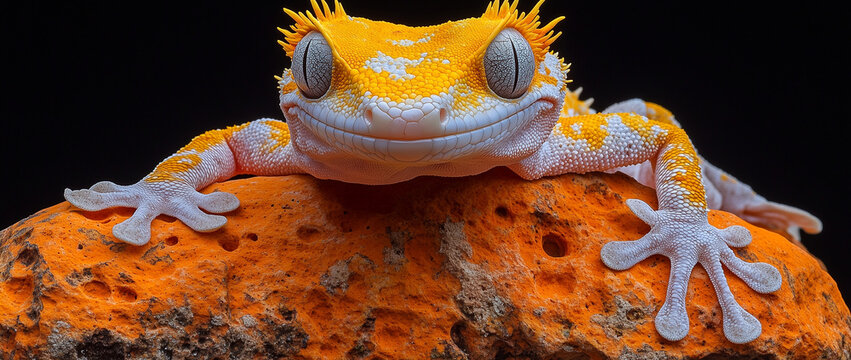 Un gros plan sur un gecko l&eacute;opard jaune, isol&eacute; sur un fond blanc, met en valeur ses yeux vifs et son &eacute;caillage, illustrant la beaut&eacute; de cette cr&eacute;ature du d&eacute;sert.