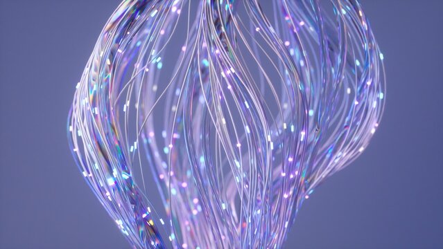 Vibrant fiber optic cables forming an organic, abstract shape in a 3d rendering, highlighting intricate details and vivid colors of the glowing light
