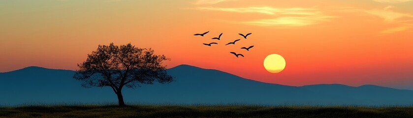 Silhouetted tree against a vibrant sunset with birds flying overhead.