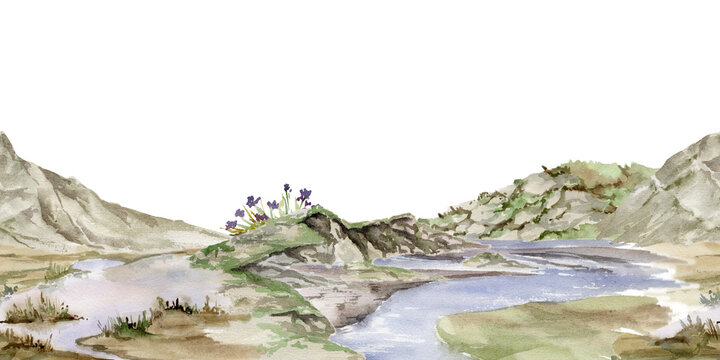 Scenery landscape of river stream lake, crags cliffs rocks hills land alpine vista, flowers plants hand drawn in watercolor. Seamless banner. For tourism, resort ads, hiking camping sites, vacation.