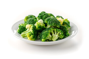 Steamed broccoli florets served on a white plate generative ai