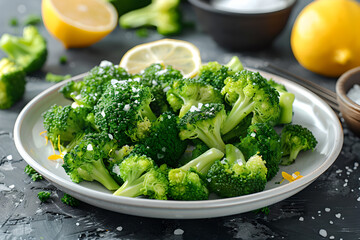 Steamed broccoli on a white plate, sprinkled with sea salt generative ai