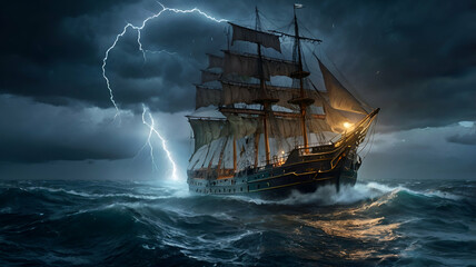 Obraz premium ship in the sea at night