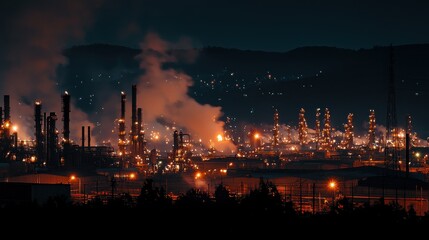 Fototapeta premium An oil refinery at night, illuminated by bright lights reflecting off industrial equipment and flaring gas pipes, creating a dramatic and energetic scene