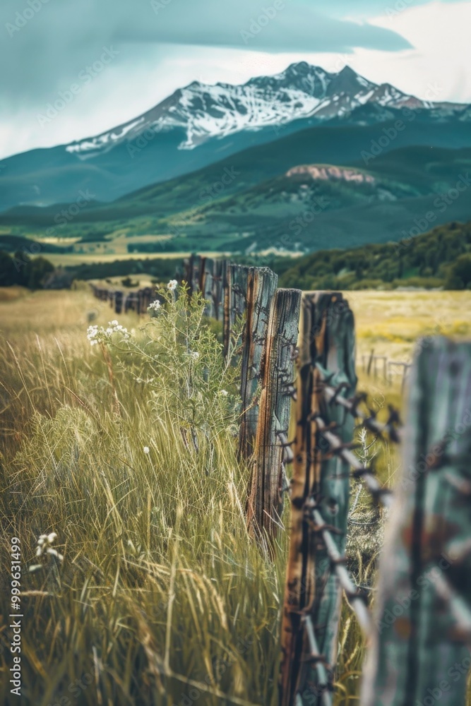 Poster a rustic fence in a green field with a mountain range in the background