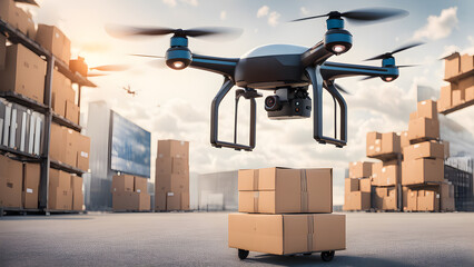 AI controlled drone Transporting parcel boxes by air, precision in urban areas, agricultur. Generative Ai.