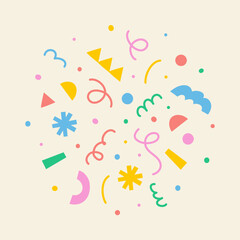 Explosion of confetti from colorful geometric shapes, lines on light background, hand drawn illustration, flat style