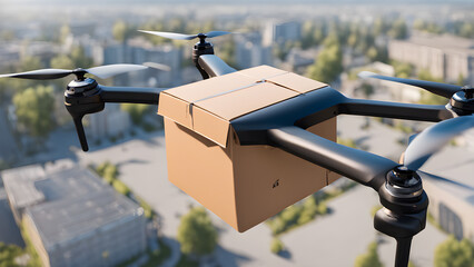 AI controlled drone Transporting parcel boxes by air, precision in urban areas, agricultur. Generative Ai.