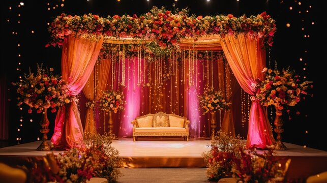 Vibrant Indian wedding stage adorned with flowers and lights, representing the joyful union of two families.