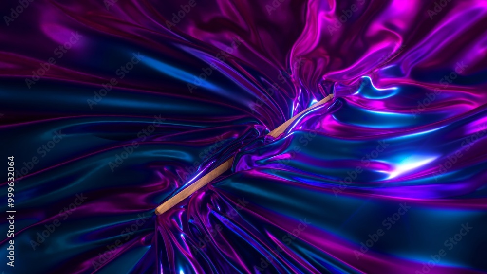 Poster 3d render of a wooden stick laying over a flowing metallic fabric creating a colorful abstract compo