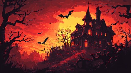 Silhouette of castle against a dark, moonlit sky, with a gothic cathedral and towering architecture casting long shadows in the Halloween night scene