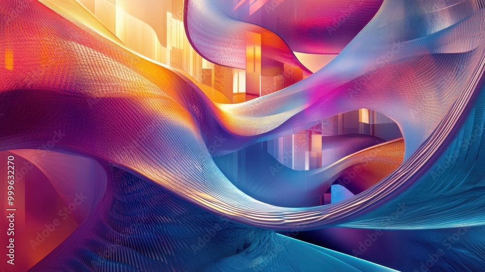 Poster vivid multi-colored gradients flowing over abstract structures, creating a modern and stylish archit