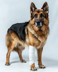  German Shepherd stands tall with a bandaged front leg, recovering from injury, showcasing resilience and strength in a controlled environment.