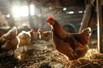 A group of chickens perched on top of a stack of hay, natural and rustic setting