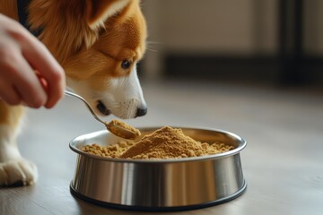 Plakat Corgi watches closely as spoonful of powder is added to its food bowl, preparing for a nutritious meal in a cozy home setting.