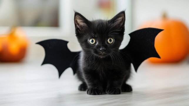 A cute black kitten with bat wings playfully exploring a bright interior on a sunny day.