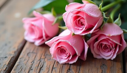  Freshly cut pink roses on a wooden surface - Powered by Adobe