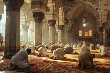 A group of men sitting together on a rug in a room, possibly discussing or socializing