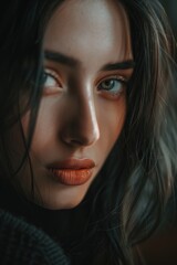 Fototapeta premium A close-up shot of a woman with long hair, focused on her features