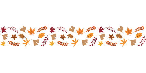 Autumn botanical border. Seamless horizontal pattern with colorful leaves. Decoration for Fall, Thanksgiving and Harvest Day design. Vector illustration