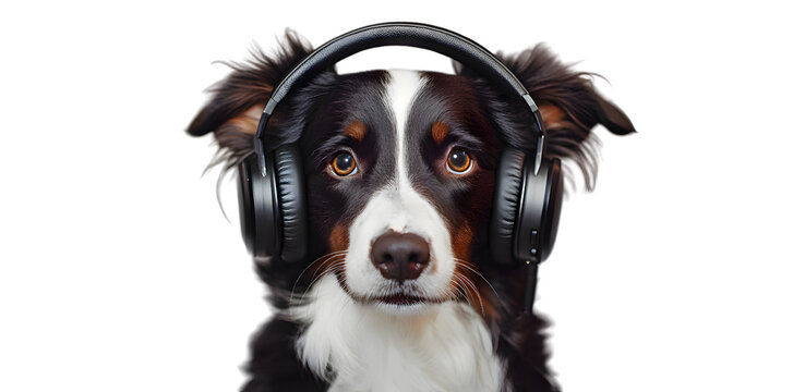 Portrait of dog with headphones isolated on transparent background