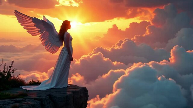 Beautiful female angel standing on a windy precipice looking at sunset sky with clouds passing by