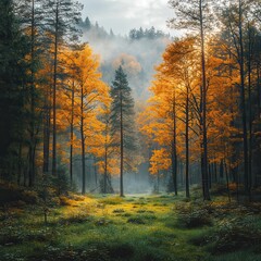 Fototapeta premium Misty Autumn Forest with Orange and Yellow Foliage