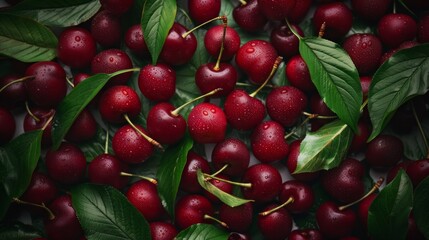 Obraz premium Close up of fresh cherry fruit background with leaves, top view. Photorealistic high resolution macro photography for advertising or food design.