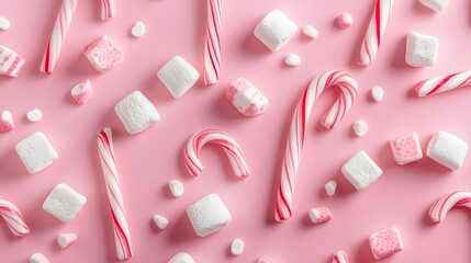 Candy canes and marshmallows on a pastel pink background in a festive holiday pattern	