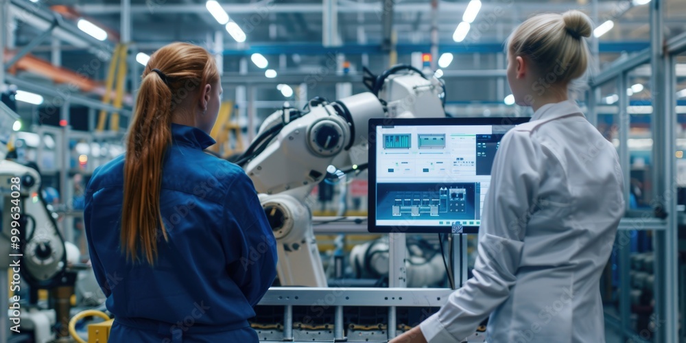 Poster two women examining data on a computer screen in a factory setting