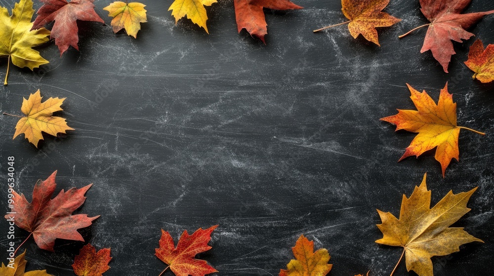 Poster autumn leaves flat lay mock up on blackboard background with empty space