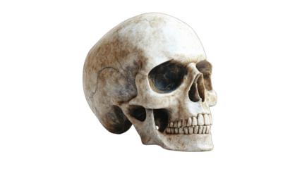 Realistic human skull, white isolate background.