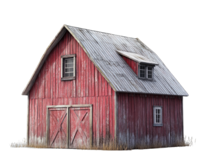 Red barn with wooden texture on isolated white background.