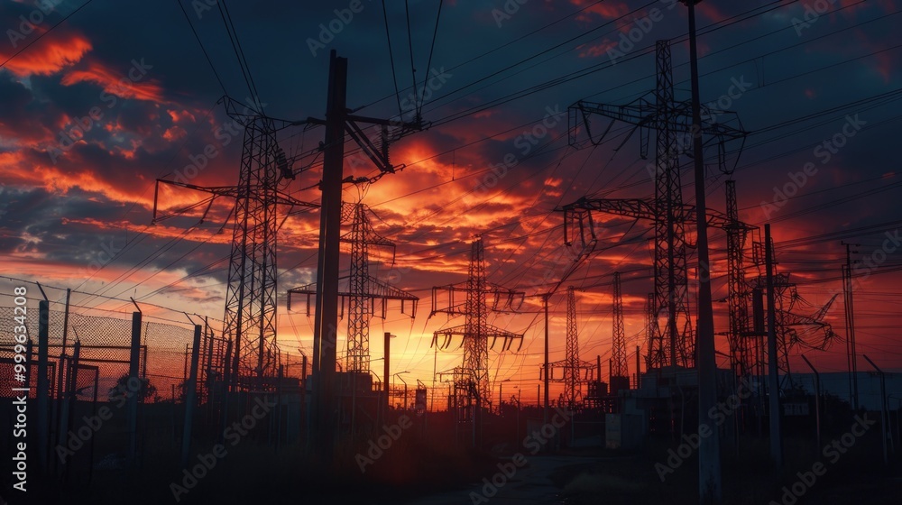 Poster sunset scene with power lines in the background