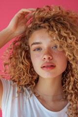 Fototapeta premium A close-up shot of a woman's face and hair featuring freckles